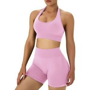 Workout Sets Women Backless Halter Sports Bra High Waist Shorts Gym Outfit Pink